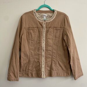 Chicos Jacket Womens Size 3 Brown Denim Beaded Embroidered Trim Casual Blazer